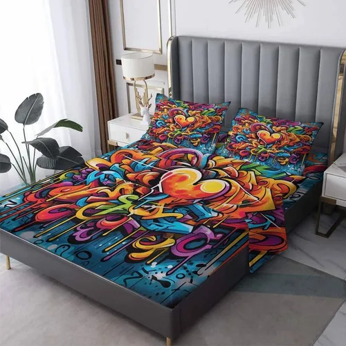Vista 9 de Graffiti Sheets - Juego de sábanas tamaño individual, sábanas de microfibra suave, bolsillo profundo, sábanas y fundas de almohada estampadas sin