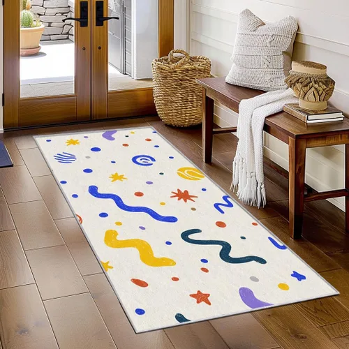 Memphis Runner Rug 2x4 Small - Hallway Runner Rug Retro 80s Funky Geometric Fashion Pattern, Non Slip, Washable, Memphis Home Decor Carpet for