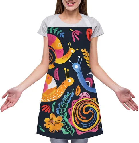 Vista 3 de MUSM Apron for Adults - 27.6 X 31.5 Inch, Heavy-Duty Polyester Aprons with Two Large Pockets, Waterproof Snail And Flower Kitchen Apron for Cooking