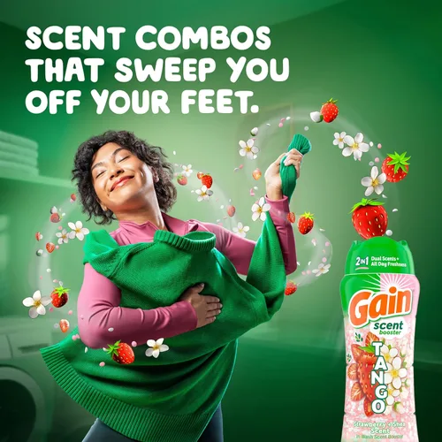 Vista 2 de Gain Tango 2-en-1 Perlas Potenciadoras de Aroma para Lavandería, Aroma de Fresa y Karité, 21.1 oz, Perlas de Lavandería con Doble Aroma Plus