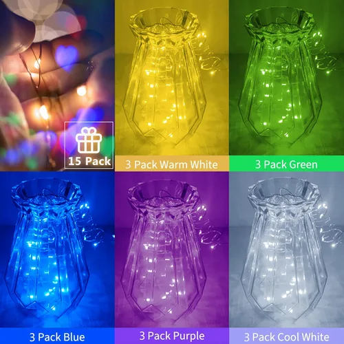 Vista 6 de SmilingTown Luces de Hadas Navideñas en Cadena, 15 paquetes de 20 luces LED, funciona con pilas, 6.6 pies, alambre de cobre plateado, cadena