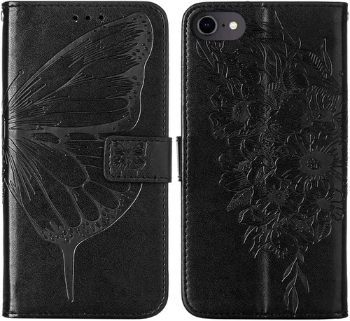 Vista 5 de Funda para iPhone SE 2022/SE 2020, 6/6S/7/8 Mariposa floral en relieve, correa de muñeca, ranuras para tarjetero, funda protectora de cuero