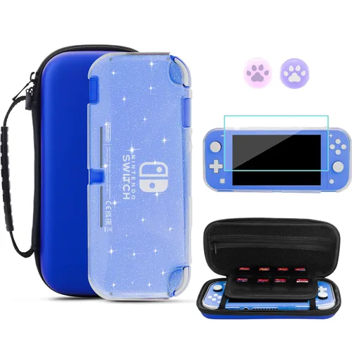 GLDRAM Blue Carrying Case for Nintendo Switch Lite, Portable Travel Case with 8 Game Card Slots, 4 in 1 Accessories Kit with Clear Glitter TPU