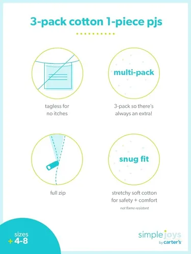 Vista 5 de Simple Joys por Carter's - Pijama de algodón sin pies ajustados para niños pequeños y bebés, paquete de 3