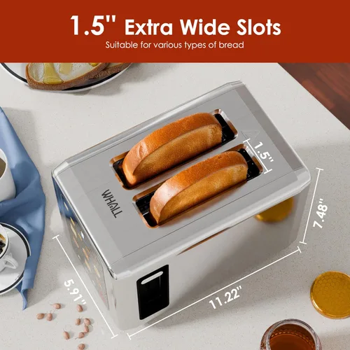 Vista 7 de WHALL Full Touch Screen Toaster 2 Slice, 1.5'' Wide Slot Stainless Steel Toaster with Digital Timer, 6 Bread Types & 6 Shade Settings, Crumb Tray