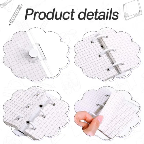 Vista 7 de 2 juegos de mini fundas transparentes de 3 anillos con mini bolsillos interiores de papel para carpeta, cierre de cuaderno de PVC suave y Blanco