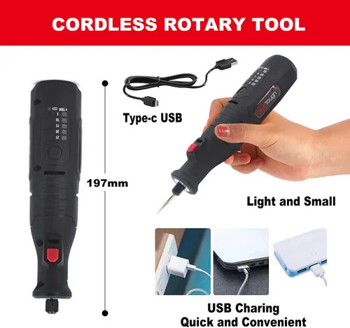 Vista 6 de Powertough Herramienta rotativa inalámbrica con 99 accesorios Mini amoladora con batería de 20 A 8 V 5 velocidades 4 luces LED delanteras de alta