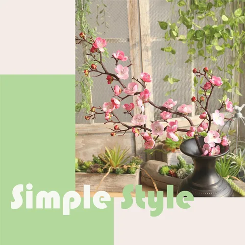 Vista 4 de 3 ramas artificiales de flor de cerezo, tallo de 37 pulgadas de largo, flor de ciruelo de seda con brotes, albaricoque japonés realista