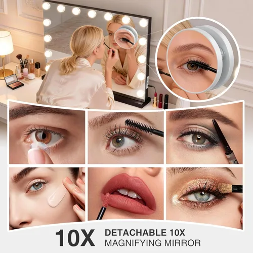 Vista 6 de Espejo de maquillaje con luces, espejo de tocador Hollywood con 3 modos de color, espejo de tocador iluminado con bombillas LED regulables y aumento