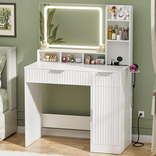 Vista 12 de Escritorio de tocador pequeño, escritorio de tocador con espejo y luces, escritorios de maquillaje con regleta eléctrica, mesa de tocador