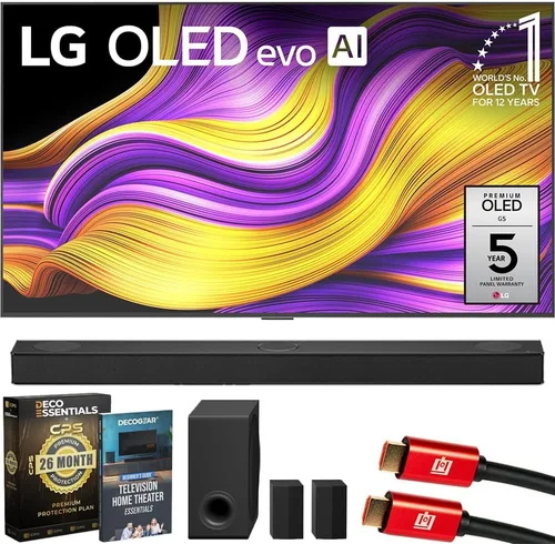 LG 65 Inch G5 Series OLED evo 4K UHD webOS TV with One Wall Design (2025) OLED65G5WUA Bundle with S80TR Soundbar, 26 Month Protection Pack, 2X HDMI