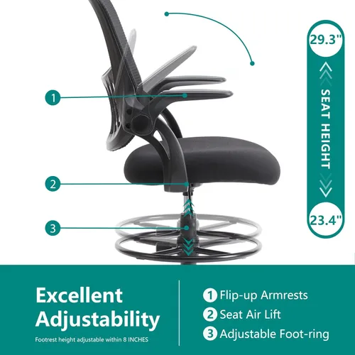 Vista 5 de DUMOS Silla de dibujo para escritorio de pie, altura de mostrador ajustable, brazos abatibles, ergonómicas de malla con respaldo medio, sillas