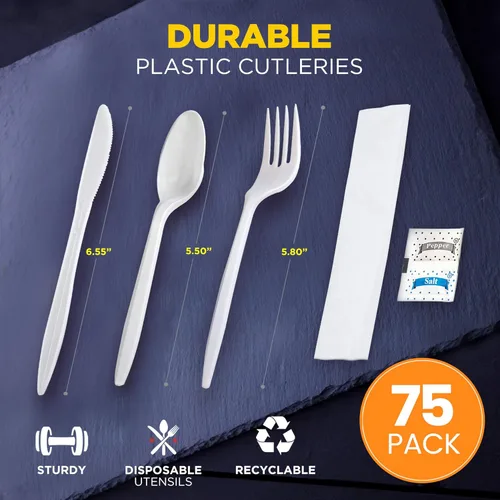 Vista 2 de Fit Meal Prep Paquete de 75 utensilios envueltos individualmente, juego de cubiertos de plástico blanco preenvasados con cuchara, tenedor, cuchillo