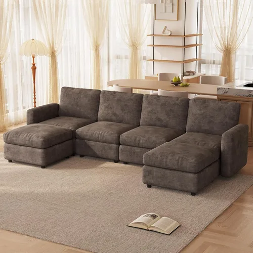 Vista 104 de Guyii Sofá modular de terciopelo, moderno sofá de 4 plazas de gran tamaño con 3 almohadas y reposapiés de almacenamiento, sofá convertible de 115.74