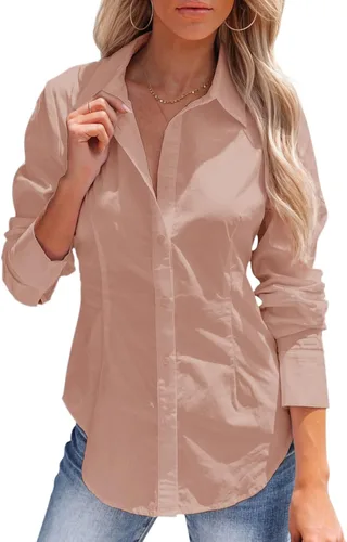 Vista 37 de siliteelon - Camisas de vestir de manga larga con botones para mujer, sin arrugas, cuello para trabajo, oficina, unicolor, blusas con corsé