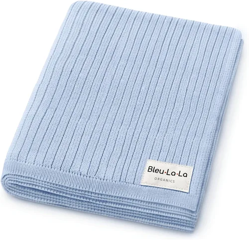 Vista 30 de Manta envolvente tejida de algodón orgánico Bleu La La para niños - 100% algodón orgánico suave de lujo - Manta de arrullo y acurrucamiento cálida