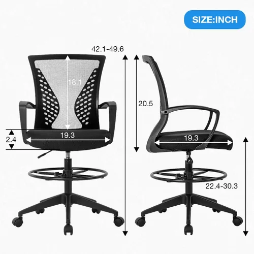Vista 7 de Silla de dibujo alta de oficina, silla de escritorio de pie, altura ajustable con brazos, reposapiés, soporte para espalda, silla de escritorio