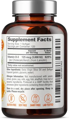Vista 2 de Vitamina D3 5000 UI cápsulas blandas 120 unidades (125 mcg) – Vitamina D-3 de alta potencia en aceite de oliva virgen extra sin OMG sin soja