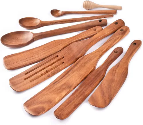 Vista 9 de Juego de espátulas de Pakkawood, Gudamaye 5 piezas de utensilios de cocina de Pakkawood, cucharas de madera para cocinar, utensilios de madera