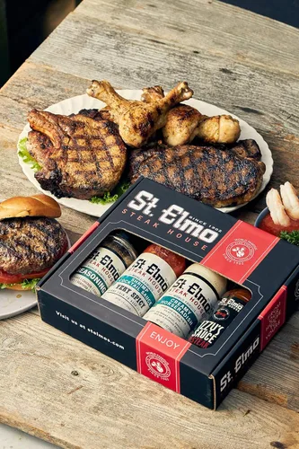 Vista 2 de Caja de regalo St. Elmo Steak House (salsa de bistec, rábano picante cremoso, salsa de cóctel, condimentos)