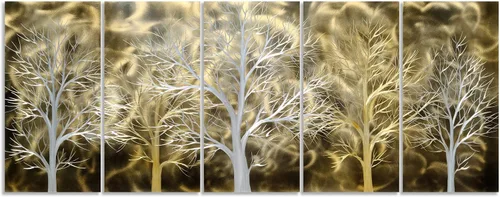 Vista 3 de Yihui Arts Arte de pared de metal de árbol de aluminio 3D grande hecho a mano, decoración de pared de 5 paneles para sala de estar, dormitorio