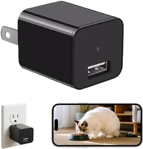 ULar Cámara interior enchufable, cámara pequeña WiFi 4K UHD, tarjeta SD de 16 GB incluida toma de pared, vista remota de aplicación y detección de