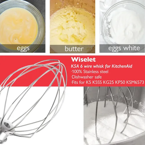 Vista 3 de Batidor de acero inoxidable K5A para mezclador de soporte KitchenAid de 5 cuartos de galón con elevación de tazón, látigo de 6 alambres compatible