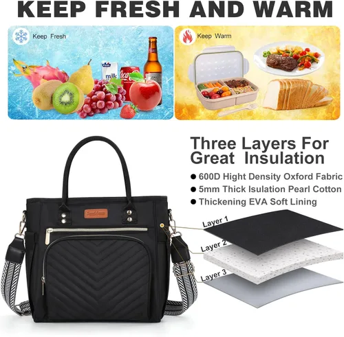 Vista 2 de Jomddems Bolsa de almuerzo para mujer, lonchera aislada para mujer y hombre con correa para el hombro, bolsas de almuerzo portátiles reutilizables