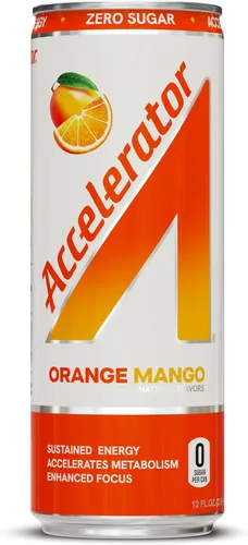 Vista 2 de Bebida energética Accelerator, sabor naranja y mango, 12 onzas (paquete de 12), sin azúcar, energía sostenida de cafeína 100% natural