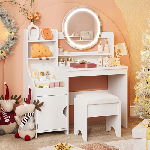 Vabches Juego de tocador para niños con luces, escritorio de maquillaje de princesa con estantería abierta, gabinete de almacenamiento y estantes,