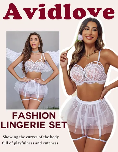 Vista 4 de Avidlove Lencería de encaje para mujer, minifalda de malla, ropa de noche, babydoll