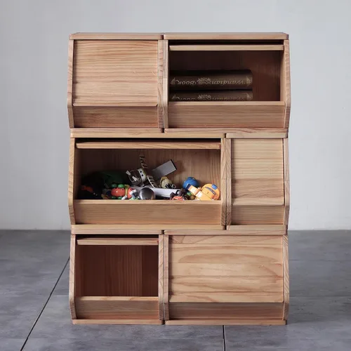 Vista 4 de Cofre de Almacenamiento Apilable de Madera Maciza, Gabinete de Entrada del Vestíbulo, Contenedores con Tapas, Caja Modular de Madera Multiusos