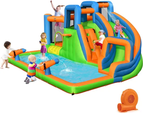 Vista 13 de BOUNTECH - Castillo inflable 9 en 1, tobogán de agua con zona de salto, pared de escalada, cañón de agua, piscina de salpicaduras, túnel, incluye