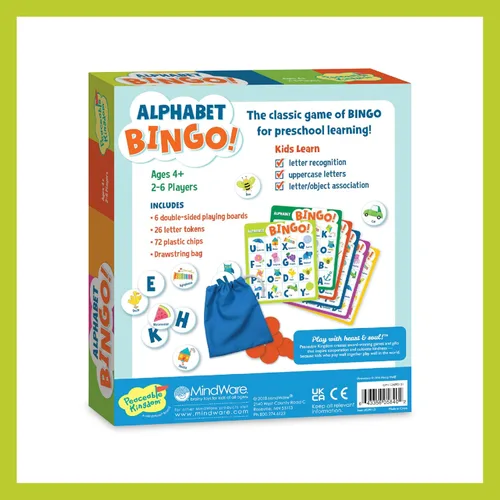 Vista 6 de Peaceable Kingdom ¡Alfabeto Bingo! Juego educativo de mesa para aprender letras para 2 a 6 niños de 4+ años