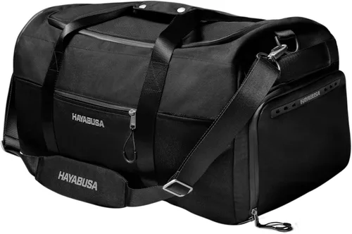 Bolsa de gimnasio deportiva Hayabusa Airstream para mujeres y hombres - Bolsa de lona negra de 50 l - 7 bolsillos con cremallera, buena para viajes,