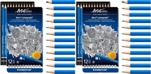 Vista 10 de Set de lápices de dibujo Staedtler Mars Lumograph de grafito, 6 grados (6B, 4B, 2B, B, HB, 2H), mini goma de borrar Mars de plástico, sacapuntas