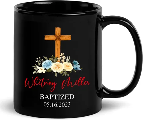 Personalized Baptism Coffee Mug Gift With Baby Name & Date Baptized, Customized Baby Baptism Christening Black Ceramic Mug Gift For Dad Mom
