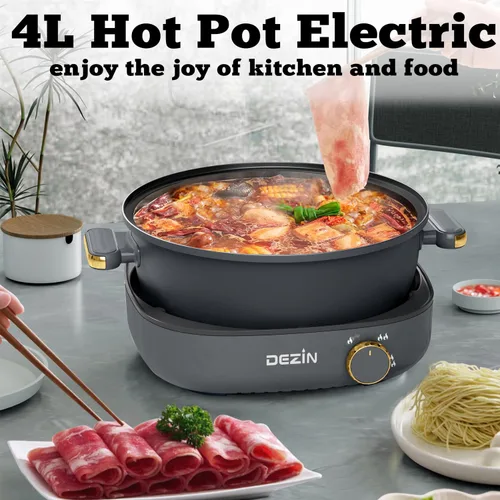 Vista 2 de Dezin Olla eléctrica Shabu Shabu con olla extraíble, olla caliente antiadherente de 4 litros con control de doble potencia, olla eléctrica con tapa