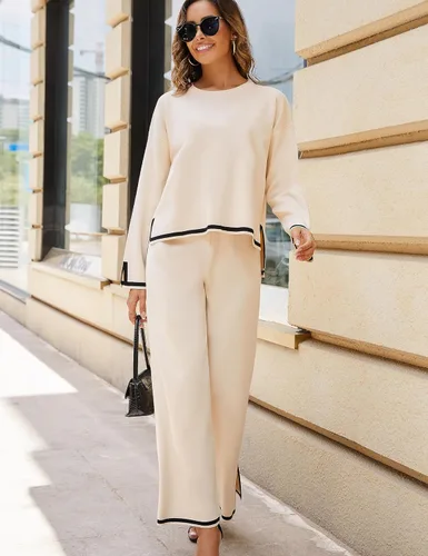 Vista 4 de Faleave Conjunto de 2 piezas de punto para mujer, suéter de manga larga, sin botones, pantalones de pierna ancha, conjunto de ropa deportiva