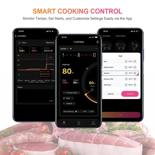 Vista 7 de Termómetro inteligente inalámbrico para carne con sonda de doble sensor, monitoreo remoto de 500 pies, aplicación dedicada, seguimiento en tiempo