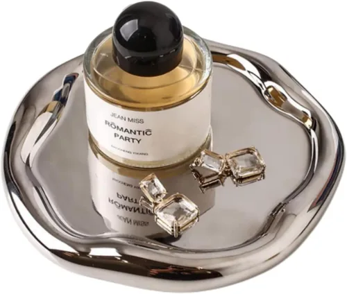 Bandeja Plateada Decorativa Bandeja de Tocador Bandeja de Baño Plato para Joyas Cerámica Plateada Soporte de Plato Redondo Bandeja de Maquillaje