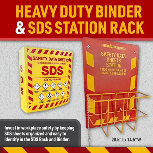 Vista 4 de Osha4Less - Estación de fichas de datos de seguridad bilingüe. Bastidor de alambre y carpeta de 3" con pictogramas de GHS