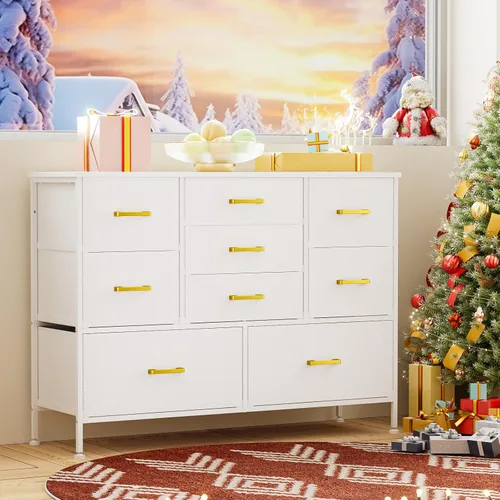 Vista 9 de Cómoda blanca para soporte de TV de dormitorio, cómoda ancha con 9 cajones grandes para soporte de TV de 55 pulgadas de largo, centro