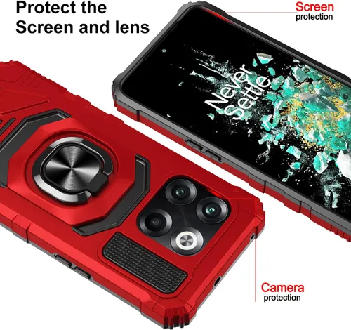 Vista 2 de Funda para OnePlus 10T 5G con protector de pantalla de vidrio templado, con soporte magnético para anillo de automóvil, funda resistente (rojo)