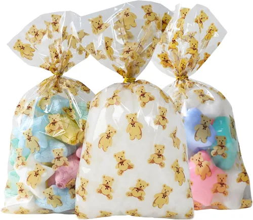 Vista 28 de 100 bolsas de celofán, bolsas de celofán transparente impresas con estrellas doradas de 3 x 5 pulgadas, 100 lazos giratorios, para envolver regalos