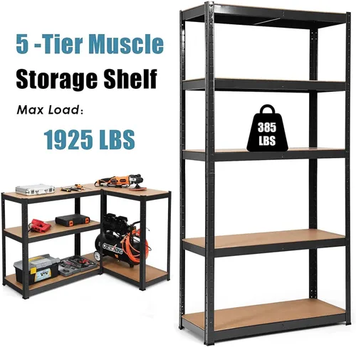 Vista 6 de 77" Storage Shelves, Heavy Duty Steel Frame 5-Tier Garage Shelf, Metal Multi-Use Storage Shelving Unit, Bolt-Free Assembly Adjustable Shelves for