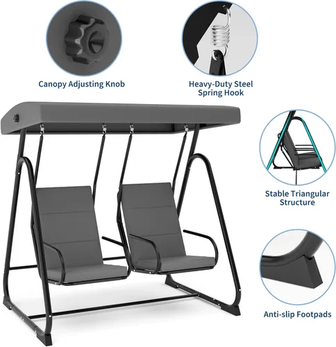 Vista 5 de GarveeLife Silla de columpio para porche para 2 personas, columpio para patio al aire libre resistente con toldo ajustable y cojines extraíbles