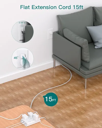Vista 4 de Addtam - Regleta protectora de sobretensiones de 15 pies, cable de extensión de enchufe plano con 4 cargadores de pared USB (2 puertos USB C)