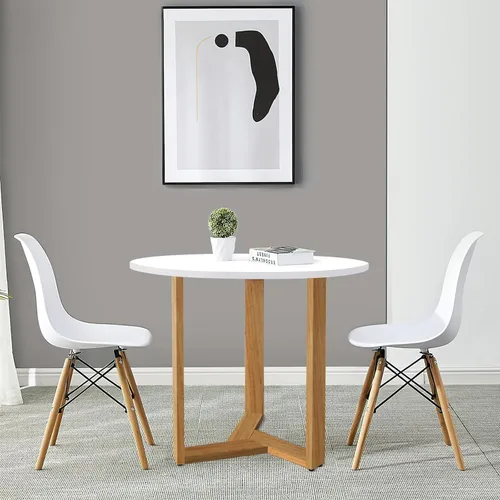 Vista 8 de KithKasa Mesa de comedor redonda blanca moderna de mediados de siglo de 31.5 pulgadas para 2-4, con patas de madera y mesa de MDF para espacio