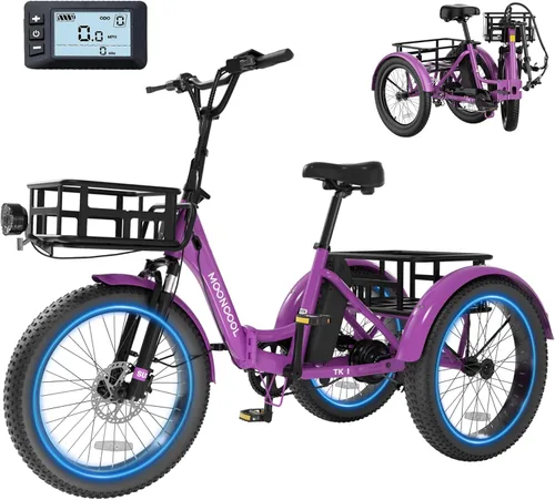 MOONCOOL Triciclo eléctrico para adultos, 500 W/750 W 48 V, triciclo eléctrico plegable de potencia máxima 1100 W, neumático grueso de 20 x 3.0